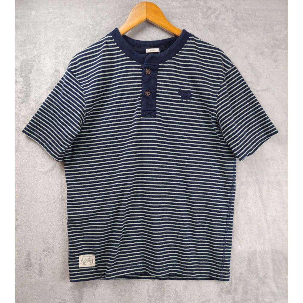 Kingsley Heath Henley Shirt Men's Large Navy Green Striped Muscle Fit Heavy